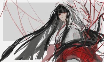 1girl absurdres black_hair bridal_veil grey_background highres hood japanese_clothes kimono limbus_company long_hair looking_at_viewer munh422 open_mouth project_moon red_eyes ryoshu_(project_moon) see-through_clothes shiromuku silk simple_background solo spider_web uchikake veil wataboushi white_background white_kimono