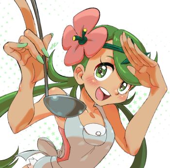 1girl bare_shoulders blush breasts dark-skinned_female dark_skin flower green_eyes green_hair h_renah hair_flower hair_ornament long_hair looking_at_viewer mallow_(pokemon) nintendo overall_shorts overalls pokemon pokemon_sm sleeveless spoon teeth twintails upper_teeth_only very_long_hair