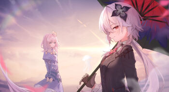 2girls arms_behind_back backlighting bare_shoulders black_flower black_gloves black_jacket blue_eyes buttons closed_mouth coat_dress corsage cyrene_(aedes_elysiae)_(honkai:_star_rail) cyrene_(honkai:_star_rail) dot_mouth double-breasted dress evernight_(honkai:_star_rail) expressionless flower gloves gradient_sky grin hair_ornament highres holding holding_umbrella honkai:_star_rail honkai_(series) jacket jellyfish jellyfish_cut lens_flare long_hair long_sleeves looking_at_viewer looking_back march_7th_(honkai:_star_rail) medium_hair memosprite multiple_girls orange_sky outdoors pink_hair profile purple_dress red_eyes red_flower sideways_glance sky sleeve_garter smile sunrise turtleneck umbrella very_long_hair ximgyeon