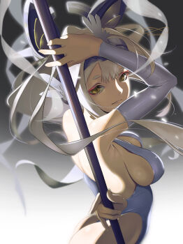 1girl absurdres arm_warmers ass breasts expressionless eyeshadow headgear highleg highleg_leotard highres holding holding_polearm holding_weapon leotard long_hair looking_at_viewer looking_back makeup medium_breasts megami_device polearm red_eyeshadow short_eyebrows sideboob slit_pupils solo tamamo_no_mae_(megami_device) theland4869 very_long_hair weapon white_hair yellow_eyes