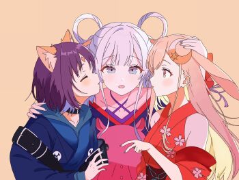 Rule 34 | 3girls, arm around shoulder, blonde hair, blue eyes, blue nails, blush, cho kaguya-hime!, closed eyes, collarbone, commentary request, facing another, hair ornament, hair rings, hair stick, halterneck, highres, imminent kiss, kaguya (cho kaguya-hime!), long hair, looking at another, multiple girls, open mouth, orange background, purple nails, red nails, runami yachiyo, sakayori iroha, short hair, simple background, tomato (tomato kun), twintails, upper body, yuri