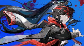 1boy bandaged_head bandages black_hair black_hanfu black_jacket blood blood_splatter chinese_clothes curtained_hair grin hair_ornament hanfu hashtag-only_commentary high_ponytail highres holding holding_staff hong_lu_(project_moon) jacket jacket_on_shoulders limbus_company looking_to_the_side male_focus official_alternate_costume one_eye_covered ponytail project_moon red_scarf red_trim scarf sidelocks smile solo staff stole upper_body vynorichter wind wind_lift xiao_guan_(headdress)