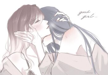 2girls bare_shoulders black_hair commentary english_commentary gradient_hair half-closed_eyes hand_in_another&#039;s_hair kiss kissing_neck long_hair multicolored_hair multiple_girls parted_lips path_to_nowhere rahu_(path_to_nowhere) santony711 shalom_(path_to_nowhere) shoulder_blush simple_background white_background yuri