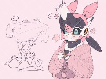 ... 1girl alternate_costume artist_name blush bow cardigan closed_mouth clothed_robot commentary crosshair_pupils floral_print hanada_(cobalt003) heart highres humanoid_robot multiple_views pink_background pink_cardigan robot robot_ears robot_girl sitting spoken_ellipsis spoken_heart symbol-only_commentary wariza yutane_johiel zenless_zone_zero