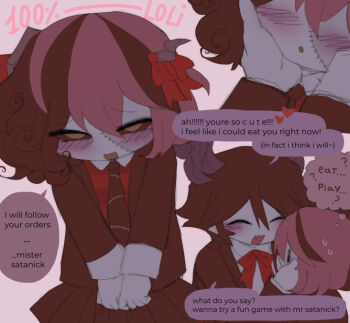 black_skirt blush clothes_grab colored_tongue crea_flankenstein delirium deliriumcenter demon_boy demon_horns fang funamusea grabbing_another&#039;s_face green_eyes green_tongue head_grab horns multicolored_hair pointy_ears satanick_(funamusea) skirt skirt_grab speech_bubble thought_bubble two-tone_hair