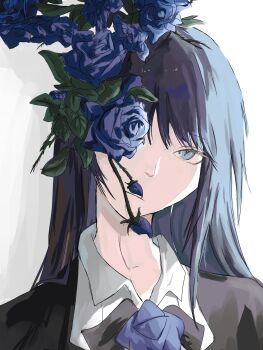 1girl ado_(utaite) black_hair blue_eyes blue_flower blue_rose chando_(ado) closed_mouth commentary flower grey_background hashtag-only_commentary highres kahuna90231217 long_hair portrait rose solo utaite
