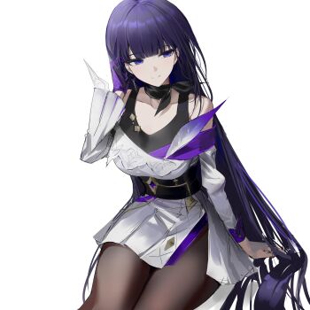 1girl absurdres baiser3rd bare_shoulders black_pantyhose breasts dress highres honkai_(series) honkai_impact_3rd large_breasts long_hair pantyhose purple_eyes purple_hair raiden_mei raiden_mei_(apho) simple_background smile solo very_long_hair white_background white_dress