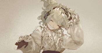 1girl ^_^ absurdres alternate_costume black_corset black_gloves blonde_hair closed_eyes collared_shirt corset frilled_shirt_collar frilled_sleeves frills gloves grey_background grin hair_ears hand_in_own_hair happy hashtag-only_commentary hatsburg head_tilt headphones highres long_sleeves outstretched_hand puffy_long_sleeves puffy_sleeves shirt short_hair simple_background smile solo touhou toyosatomimi_no_miko upper_body wavy_hair white_shirt