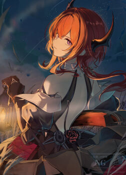1girl arknights arknights:_endfield black_gloves black_horns commentary_request from_behind gloves hair_between_eyes highres holding holding_lantern horns laevatein_(arknights) lantern long_hair miyanami_3 night orange_hair outdoors parted_lips purple_eyes shirt solo surtr_(arknights) twitter_username upper_body watermark white_shirt