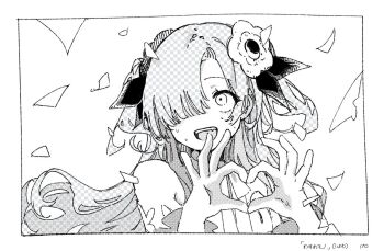 1girl :d bare_shoulders border commentary_request fake_transparency fang floating_hair flower greyscale hair_flower hair_ornament hair_over_one_eye hands_up hatching_(texture) heart heart_hands isekaijoucho kamitsubaki_studio kokonama long_hair monochrome one_eye_covered open_mouth patterned_hair smile solo song_name teeth translation_request unmoving_pattern upper_body upper_teeth_only virtual_youtuber wasure_mono_(vocaloid) wide-eyed