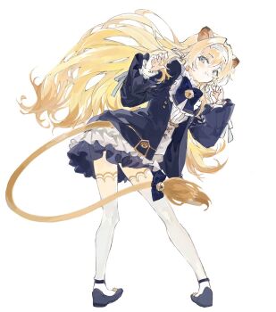 1girl :3 animal_ear_fluff animal_ears ankle_strap bell bib_collar blonde_hair blue_bow blue_bowtie blue_jacket blue_shorts bow bowtie brown_tail claw_pose closed_mouth clothing_cutout commentary_request dress fang fang_out frilled_dress frilled_shirt_collar frills from_behind full_body grey_eyes hair_intakes hairband hands_up jacket jingle_bell konabetate leaning_forward light_blush lion_ears lion_girl lion_tail long_hair long_sleeves looking_at_viewer looking_back neck_bell noripro open_clothes open_jacket paw_print paw_print_pattern pigeon-toed regrush_lionheart short_dress shorts simple_background solo standing tail tail_bell tail_bow tail_ornament tail_through_clothes thighhighs twisted_torso very_long_hair virtual_youtuber white_background white_dress white_hairband white_thighhighs zettai_ryouiki