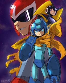 3boys absurdres armor artist_name assault_visor bass_(mega_man) black_armor black_helmet blue_bodysuit blue_helmet bodysuit clenched_teeth cloak facial_mark helmet highres mega_man_(character) mega_man_(classic) mega_man_(series) multiple_boys parted_lips projectdivider proto_man red_eyes red_helmet scarf sketch smile teeth yellow_scarf