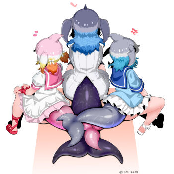 3girls absurdres blowhole blue_hair blue_whale_(kemono_friends) cetacean_tail chinese_white_dolphin_(kemono_friends) common_bottlenose_dolphin_(kemono_friends) dolphin_girl dorsal_fin dress emil_(fafa) fins fish_tail grey_hair head_fins highres kemono_friends long_hair long_sleeves multicolored_hair multiple_girls orange_hair pink_hair sailor_collar sailor_dress short_hair short_sleeves sweater sweater_dress tail tail_focus turtleneck turtleneck_sweater twintails whale_girl white_hair