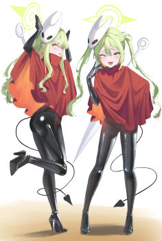 2girls absurdres alternate_costume arms_up ass black_bodysuit black_tail blue_archive bodysuit cake_walker cloak commentary cosplay demon_girl demon_tail dot_nose fangs full_body green_halo hair_between_eyes halo hand_up high_heels highres hikari_(blue_archive) hollow_knight horned_mask hornet_(hollow_knight) hornet_(hollow_knight)_(cosplay) latex leg_up loli long_hair long_sidelocks looking_at_viewer mask mask_on_head multiple_girls nozomi_(blue_archive) open_mouth pointy_ears red_cloak siblings sidelocks simple_background sisters standing standing_on_one_leg straight_hair tail tail_around_own_leg teeth thighs twins twintails upper_teeth_only very_long_hair white_background white_mask yellow_eyes
