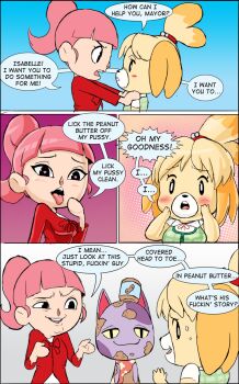 4koma animal_crossing blush bob_(animal_crossing) comic dog_girl dress hands_on_own_face heart heart-shaped_pupils highres isabelle_(animal_crossing) nintendo peanut_butter pink_hair speech_bubble sweatdrop symbol-shaped_pupils teevo tongue villager_(animal_crossing)