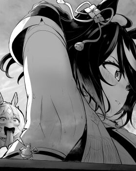 2girls :d :p absurdres animal_ears armpits arms_up bigigts blush breasts commentary curtained_hair detached_sleeves dress drooling english_commentary full_body giant giantess greyscale hair_between_eyes hair_ornament highres horse_ears horse_girl kitasan_black_(crowning_ooban)_(umamusume) kitasan_black_(umamusume) large_breasts long_hair long_sleeves looking_ahead looking_at_another looking_up medium_hair monochrome mouth_drool multicolored_hair multiple_girls open_mouth satono_diamond_(natural_brilliance)_(umamusume) satono_diamond_(umamusume) sleeves_past_fingers sleeves_past_wrists smile speech_bubble streaked_hair sweat tassel tassel_hair_ornament tongue tongue_out two-tone_hair umamusume very_sweaty wide_sleeves