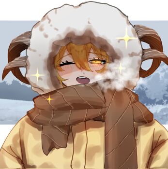 Rule 34 | 1girl, blonde hair, blush, breath, brown scarf, commentary request, don quixote (project moon), fur hood, hair between eyes, heishou pack-wei branch (identity) (project moon), highres, horns, jacket, limbus company, mumumumu11111, one eye closed, open mouth, outdoors, project moon, scarf, sheep horns, smile, snot, snow, solo, sparkle, teeth, upper body, upper teeth only, yellow eyes, yellow jacket