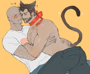 2boys absurdres animal_ears arm_hair ass back bald beard blush brown_hair cat_boy cat_ears cat_tail chest_hair choker closed_eyes commentary_request deadpool deadpool_&amp;_wolverine deadpool_(series) denim facial_hair full-face_blush green_eyes hairy hand_on_another's_back heart heart_print highres immjb5x8u9akn7a jeans large_pectorals male_focus marvel marvel mature_male multiple_boys muscular muscular_male nuzzle one_eye_closed pants pectorals red_choker ribbon_choker scar scars_all_over shirt short_hair short_sleeves tail tongue tongue_out too_many topless_male translation_request wolverine_(x-men) x-men yaoi