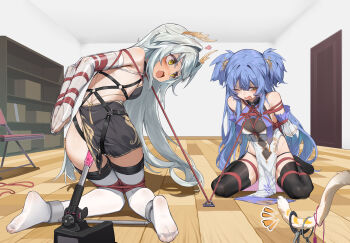 2girls absurdres arms_behind_back bare_shoulders bdsm black_panties blue_hair bondage bound breasts china_dress chinese_clothes commentary_request dress grey_hair highres indoors kneeling long_hair multiple_girls open_mouth original panties pelvic_curtain restrained sex_machine shibari shibari_over_clothes shibarikini skindentation small_breasts thighhighs twintails underwear very_long_hair white_thighhighs xiongmao yellow_eyes
