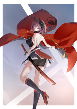 1girl absurdres ass azur_lane backless_outfit bare_shoulders black_boots boots breasts commentary_request foot_out_of_frame from_side gloves hair_between_eyes half_gloves high_heels highres kirishima_(azur_lane) large_breasts looking_at_viewer medium_hair purple_eyes purple_hair sakura_empire_(emblem) satsukitou sheath sheathed solo standing standing_on_one_leg white_gloves