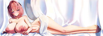 Rule 34 | 1girl, absurdres, black bow, blush, bow, breasts, closed mouth, collarbone, commentary request, es1210, feet, hair bow, highres, large breasts, looking at viewer, lying, medium hair, missing wings, navel, nipples, nude, on side, pink hair, purple eyes, remielle dan, smile, solo, zenless zone zero