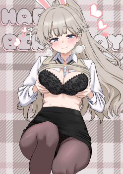 1girl absurdres animal_ears black_bra black_skirt blue_eyes bra breasts brown_pantyhose brown_shirt cleavage closed_mouth clothes_lift collared_shirt commission grabbing_own_breast grey_hair happy_birthday heart high-waist_skirt highres knee_up lace lace-trimmed_bra lace_trim large_breasts long_hair long_sleeves looking_at_viewer miniskirt oldsickkim original pantyhose pencil_skirt plaid_background ponytail rabbit_ears second-party_source shirt shirt_lift sitting skirt sleeveless sleeveless_shirt smile solo sweat underwear white_shirt