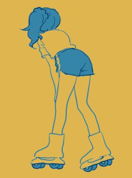 1girl aikatsu! aikatsu!_(series) blue_hair blue_shorts boots colored_lineart dolphin_shorts facing_away from_behind full_body hand_on_own_knee heel_up highres ketsuro kiriya_aoi leaning_forward limited_palette medium_hair orange_background roller_skates shirt short_shorts short_sleeves shorts side_ponytail simple_background skates solo standing t-shirt