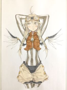 Rule 34 | 1girl, ahoge, arms behind head, arms up, baggy shorts, blonde hair, bodysuit, braid, breast pocket, brown bodysuit, brown eyes, brown shorts, brown vest, commentary, cropped legs, cropped vest, gauge, goggles, goggles on head, hair over shoulder, highres, long hair, mechanical wings, original, parted lips, peter salt, pocket, shorts, solo, standing, steampunk, traditional media, twin braids, vertical-striped bodysuit, vest, white background, wings