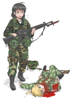2girls ammunition_pouch anya_(dutchko) assault_rifle bad_id bad_pixiv_id bayonet black_eyes black_hair blonde_hair blood blue_eyes boots bullpup camouflage corpse death defeat dragunov_svd dutchko empty_eyes female_soldier gun guro helmet highres m16 m16a2 military military_combat_uniform military_uniform multiple_girls original ponytail pouch rifle short_hair simple_background sniper_rifle soldier soviet suppressor sweat united_states war weapon