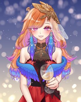 1girl bare_shoulders blue_hair blush commentary cup dress drinking_glass earrings english_commentary feather_earrings feathers highres holding holding_cup hololive hololive_english jewelry long_hair looking_at_viewer mask mask_on_head multicolored_hair nail_polish orange_hair orange_nails purple_eyes red_dress sein_025 smile solo takanashi_kiara takanashi_kiara_(party_dress) two-tone_hair virtual_youtuber wavy_hair wine_glass
