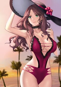 1girl blurry blurry_background breasts brown_hair dorothea_arnault dorothea_arnault_(summer) fire_emblem fire_emblem:_three_houses fire_emblem_heroes flower green_eyes hat hat_flower highres j@ck large_breasts long_hair nail_polish navel nintendo one-piece_swimsuit palm_tree smile solo stomach sun_hat swimsuit tree