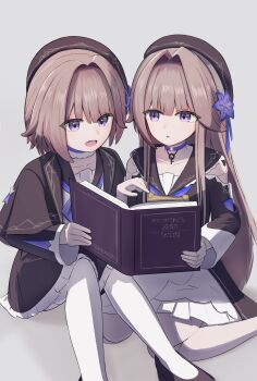 2girls absurdres beret black_dress black_hat book brown_hair choker clothing_cutout commentary_request doll_joints dress dual_persona flower grey_background hair_flower hair_intakes hair_ornament hat herta_(honkai:_star_rail) herta_(puppet)_(honkai:_star_rail) herta_(stars_silent_as_enigmas)_(honkai:_star_rail) highres holding holding_book honkai:_star_rail honkai_(series) joints key knees_up lapis_nt long_hair looking_at_another multiple_girls open_book open_mouth pantyhose pointing pointing_at_object purple_choker purple_eyes purple_flower reading short_hair shoulder_cutout side-by-side simple_background sitting wariza white_pantyhose