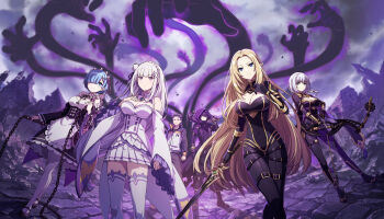 2boys 4girls alpha_(kage_no_jitsuryokusha_ni_naritakute!) arrow_(projectile) ball_and_chain_(weapon) bare_shoulders belt beta_(kage_no_jitsuryokusha_ni_naritakute!) black_bodysuit black_coat black_gloves black_hair black_hood black_pants black_ribbon blonde_hair blue_eyes blue_hair bodysuit boots bow_(weapon) braid braided_sidelock breasts building chuunibyou cid_kagenou cleavage cleavage_cutout closed_mouth clothing_cutout coat crossed_belts crossover crown_braid detached_sleeves dress elf emilia_(re:zero) flower frilled_sleeves frills gem gloves gold_trim green_gemstone grey_hair hair_flower hair_ornament hair_over_one_eye hair_ribbon hair_slicked_back hand_on_own_chest highres holding holding_sword holding_weapon hood hood_up jacket kage_no_jitsuryokusha_ni_naritakute! kage_no_jitsuryokusha_ni_naritakute!_master_of_garden key_visual large_breasts long_hair long_sleeves maid maid_headdress matching_outfits medium_breasts mole mole_under_eye multiple_belts multiple_boys multiple_girls natsuki_subaru official_art outdoors overcast pants pink_ribbon pleated_skirt pointy_ears promotional_art purple_eyes purple_ribbon re:zero_kara_hajimeru_isekai_seikatsu rem_(re:zero) ribbon ribbon-trimmed_clothes ribbon_trim rose roswaal_mansion_maid_uniform rubble shadow_(cid_kagenou) shadow_hands short_hair side_braids skirt sky spiked_ball_and_chain sword thigh_belt thigh_boots thigh_strap thighhighs track_jacket track_suit very_long_hair weapon white_flower white_hair white_rose white_thighhighs wide_sleeves x_hair_ornament