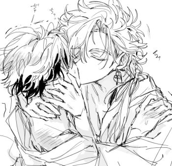 Rule 34 | 2boys, bathrobe, blush, body blush, braid, braided ponytail, closed eyes, commentary request, earrings, greyscale, hand on another's face, hand on another's shoulder, hug, jewelry, kiss, long hair, male focus, monochrome, multicolored hair, multiple boys, robe, shiguang dailiren, short hair, single braid, single earring, sketch, sweat, tassel, tassel earrings, trembling, two-tone hair, tyoookozuki, upper body, white background, xia fei, xiao weiying, yaoi