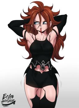 1girl a2_(nier:automata) a2_(nier:automata)_(cosplay) absurdres android_21 armpits arms_behind_head arms_up artist_name black_chemise black_gloves black_hair black_shorts black_thighhighs blue_eyes breasts brown_hair chemise cosplay dragon_ball dragon_ball_fighterz echo_saber elbow_gloves gloves gluteal_fold highres long_hair medium_breasts nier_(series) short_shorts shorts sideboob solo thigh_gap thighhighs torn_clothes torn_thighhighs