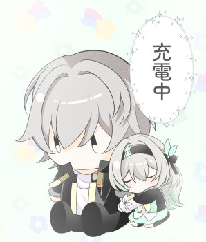 1girl absurdres black_hairband black_jacket black_ribbon blush caelus_(honkai:_star_rail) character_doll closed_eyes commentary_request doll firefly_(honkai:_star_rail) floral_background grey_hair hair_between_eyes hair_intakes hair_ornament hair_ribbon hairband highres honkai:_star_rail honkai_(series) jacket miyura1010 neckerchief open_clothes open_jacket ribbon solo star_(symbol) star_symbol_background trailblazer_(honkai:_star_rail) yellow_neckerchief