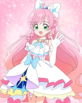 1girl :d absurdres ahoge arm_bow artist_name ascot bare_shoulders blue_bow bow braid brooch commentary cowboy_shot cure_prism dress dress_bow earrings elbow_gloves frilled_dress frills gloves green_eyes hair_bow hair_ornament half_up_braid halter_dress halterneck hand_up heart heart_ahoge highres hirogaru_sky!_precure jewelry long_hair looking_at_viewer magical_girl medium_dress meru_(mer_milky77) nijigaoka_mashiro open_hand open_mouth pink_background pink_hair pink_theme precure side_braids single_earring sleeveless sleeveless_dress smile solo sparkle sparkle_background sphere_earrings spread_fingers swept_bangs teeth upper_teeth_only waving white_ascot white_bow white_dress white_gloves wing_brooch wing_hair_ornament