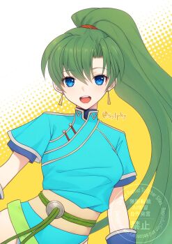 Rule 34 | 1girl, blue dress, blue eyes, commentary request, dress, earrings, fire emblem, fire emblem: the blazing blade, green eyes, green hair, high ponytail, highres, jewelry, lyn (fire emblem), nintendo, open mouth, ponytail, sylphy fe