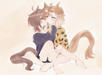 2girls agnes_tachyon_(umamusume) animal_ears bare_legs barefoot between_legs black_shirt black_shorts blush brown_eyes brown_hair commentary hand_on_another's_face horse_ears horse_girl horse_tail hydr051 jungle_pocket_(umamusume) kiss kissing_cheek medium_hair multiple_girls off-shoulder_shirt off_shoulder paw_print paw_print_pattern shirt shorts simple_background smile symbol-only_commentary tail umamusume yellow_background yellow_shirt yuri