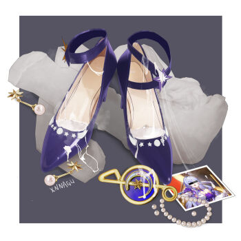 1girl bar_censor blue_footwear censored censored_identity cum cum_on_body cum_on_clothes cum_on_feet dress feet foot_focus grey_background high_heels highres jewelry long_hair necklace photo_(object) pumps purple_dress purple_footwear see-through_clothes shoes simple_background smell solo steaming_body stiletto_heels strappy_heels unworn_shoes xnnagu