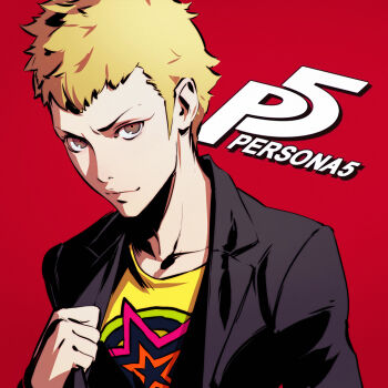 Rule 34 | 10s, 1boy, adjusting clothes, bad id, bad tumblr id, blonde hair, blue eyes, brown eyes, copyright name, ilya kuvshinov, looking at viewer, male focus, persona, persona 5, red background, sakamoto ryuuji, simple background, smile, solo, star (symbol), upper body