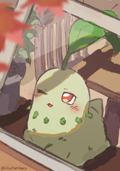 absurdres artist_name blush chikorita colored_skin gen_2_pokemon green_skin highres illustrattyako nintendo no_humans one_eye_closed pokemon pokemon_(creature) red_eyes solo
