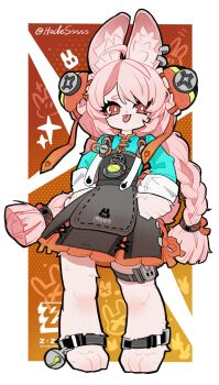 1girl absurdres accessories ahoge animal_ear_fluff animal_ears animal_feet animal_print ankle_belt anklet autis_tic border braid braided_twintails bright_pupils chinese_clothes commentary_request copyright_name cracked_background dotted_background ear_piercing fake_animal_ears full_body furry furry_female green_shirt hair_ornament hands_on_own_hips highres jewelry looking_at_viewer medallion o-ring_necktie orange_background piercing pink_fur pink_hair pink_tail rabbit_girl rabbit_print rabbit_tail red_eyes screw shirt short_eyebrows short_tail solo sparkle standing tail thick_eyebrows thigh_strap tongue tongue_out twintails twitter_username white_border white_pupils zenless_zone_zero zhao_(zenless_zone_zero)