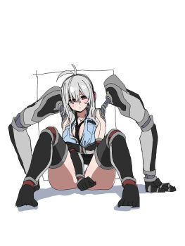 ahoge breasts copyright_request cyborg durindana_7 headphones highres large_breasts simple_background sitting tagme thighs white_background white_hair wire