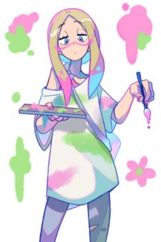 1girl blonde_hair commentary denaseey english_commentary facepaint flower highres holding holding_paintbrush mina_(pokemon) nintendo paint_splatter paintbrush pants pokemon pokemon_sm shirt stained_clothes torn_clothes torn_pants white_background white_shirt