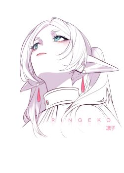 1girl aqua_eyes closed_mouth commentary earrings english_commentary frieren highres jewelry long_pointy_ears looking_up pointy_ears ringeko-chan simple_background solo sousou_no_frieren upward_angle_frieren_drawing white_background