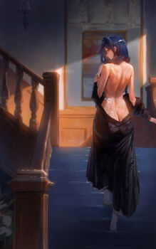 1girl absurdres ass back bare_shoulders black_dress blue_eyes blue_hair butt_crack closed_mouth dated_commentary dress from_behind full_body garter_belt garter_straps highres hololive hololive_english indoors long_hair long_sleeves looking_at_viewer looking_back off_shoulder ouro_kronii rororo stairs virtual_youtuber walking white_garter_belt