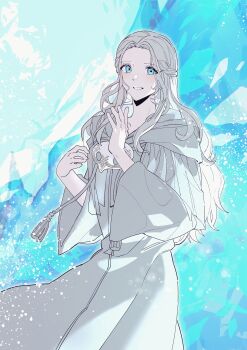 1girl absurdres blue_background blue_eyes braid capelet cowboy_shot drawstring ff_topet final_fantasy final_fantasy_xiv half_up_braid highres hood hood_down hooded_capelet long_hair looking_at_viewer mask mask_around_neck robe smile solo sophist&#039;s_robe_(ff14) unworn_mask venat_(ff14) white_capelet white_hair white_robe