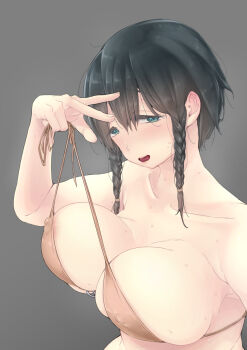 Rule 34 | 1girl, :d, areola slip, bikini, bikini top lift, black hair, blush, braid, breasts, brown bikini, clothes lift, covered erect nipples, fingernails, from side, green eyes, grey background, hand up, highres, huge breasts, looking at viewer, looking to the side, man (man-room), nipples, open mouth, original, sawada manami, short hair, side braids, simple background, smile, solo, swimsuit, untied bikini, upper body, v, w