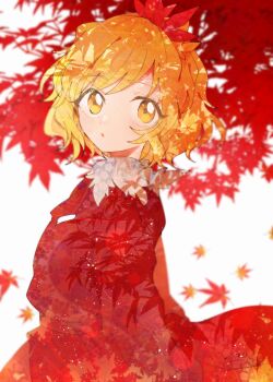 Rule 34 | 1girl, aki shizuha, autumn leaves, blonde hair, blurry, collared shirt, depth of field, falling leaves, hair ornament, highres, itomugi-kun, leaf, leaf hair ornament, long sleeves, looking at viewer, maple leaf, medium hair, open mouth, red shirt, red skirt, shirt, skirt, solo, touhou, yellow eyes